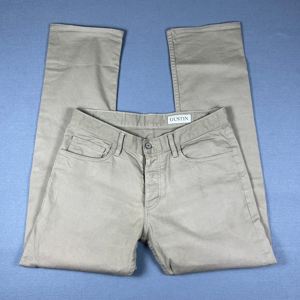 Gustin Mens Khaki Tan Cotton Twill Straight Fit Chino Pants Button Fly Size 35